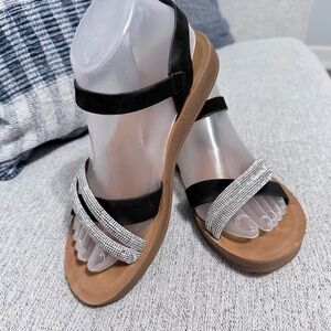 ✨ Sparkle & Strut: TOP Moda Black Crystal-Embellished Cork Sandals ✨